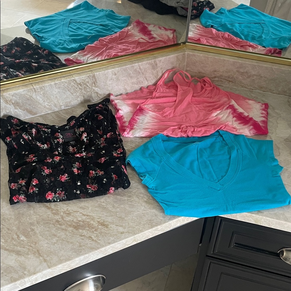 3 BEBE TOPS! Rare and Y2K!  Blue V-Neck Tank Top, Pink Tie-Dye, Black Floral Top